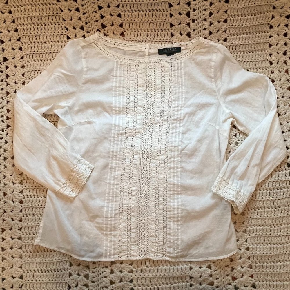 Lauren Ralph Lauren 100%Cotton Ivory Blouse w/Pintucks/Lace Center Sz Pet Small